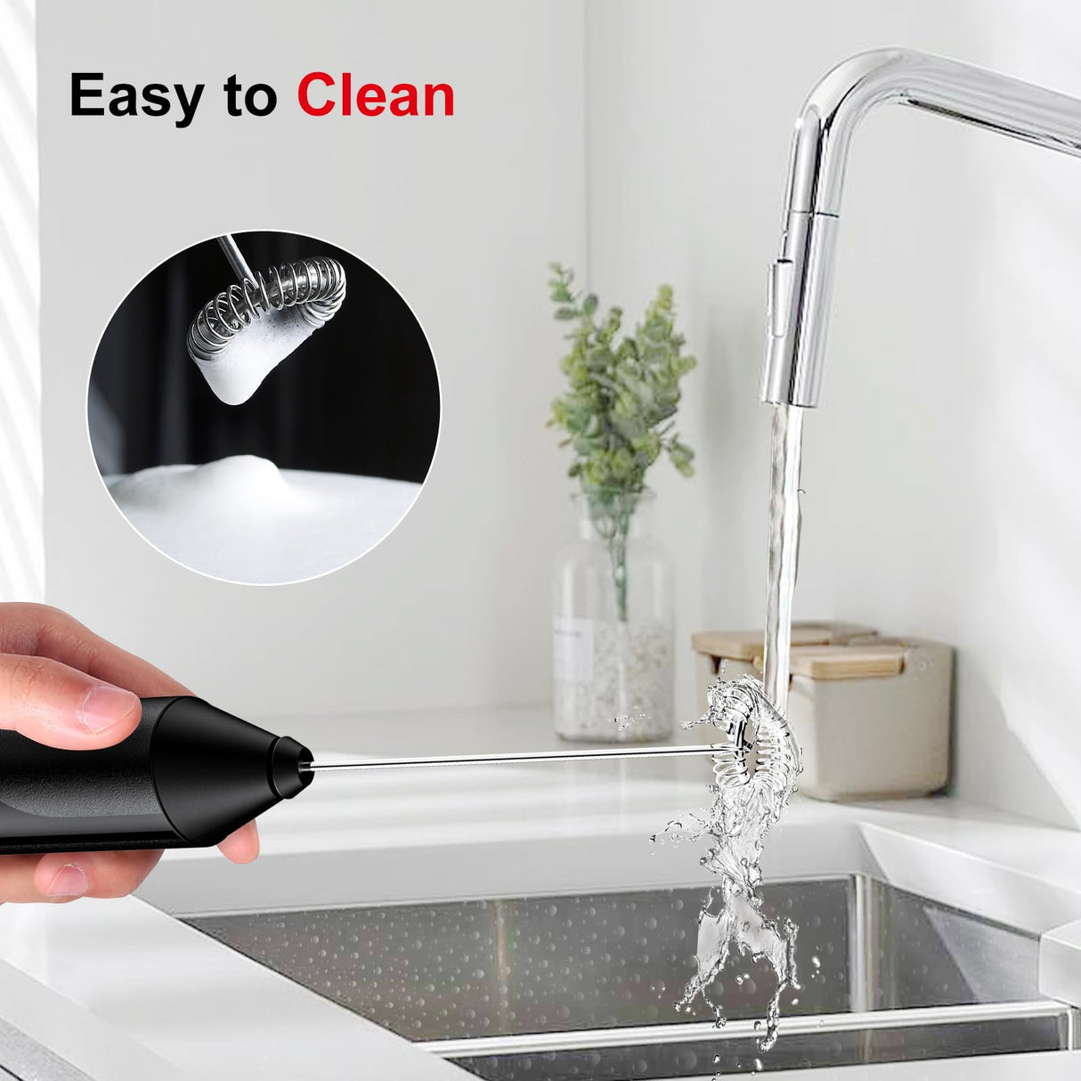 Bonsenkitchen Powerful Milk Frother for Coffee, Fast Handheld Drink Mixer with Stainless Steel Whisk, Battery Operated Hand Frother Stirrer Wand-Black Bonsenkitchen