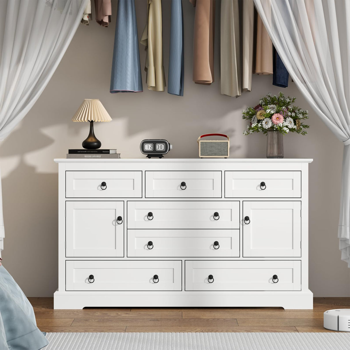 Gyfimoie Farmhouse 7 Drawer Dresser for Bedroom, Wood Chest of Drawers with 2 Doors, White Dressers with Round Metal Handle, Large Storage Dresser Organizer, Long TV Stand for Living Room, White Gyfimoie