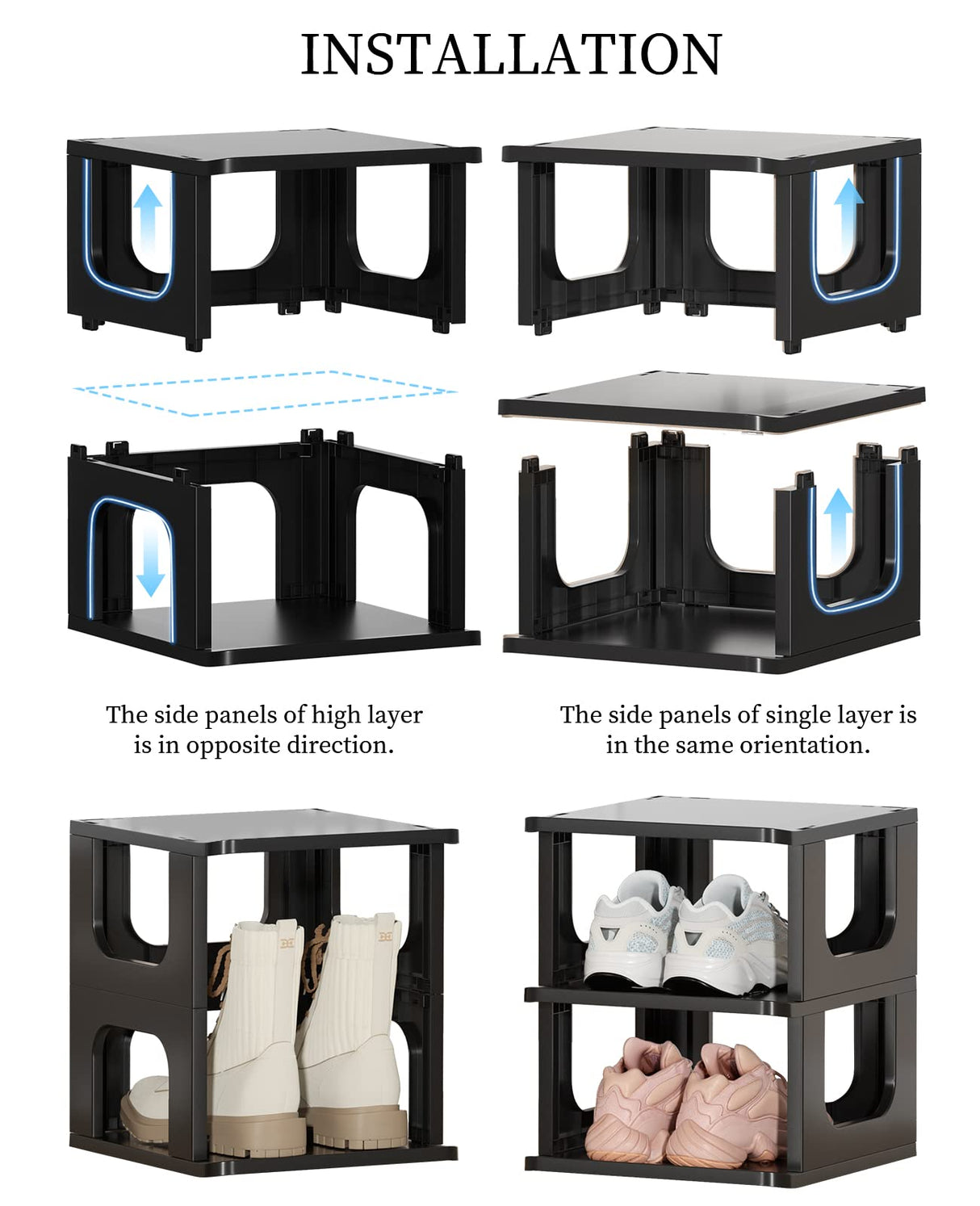 Shoe Organizer Rack for Small Spaces 5 Tier Plastic Vertical Narrow Shelves for Closet Black Shoe Holder, Stand for Entryway Storage Boots Organizer Stackable Cabinet HAIXIN