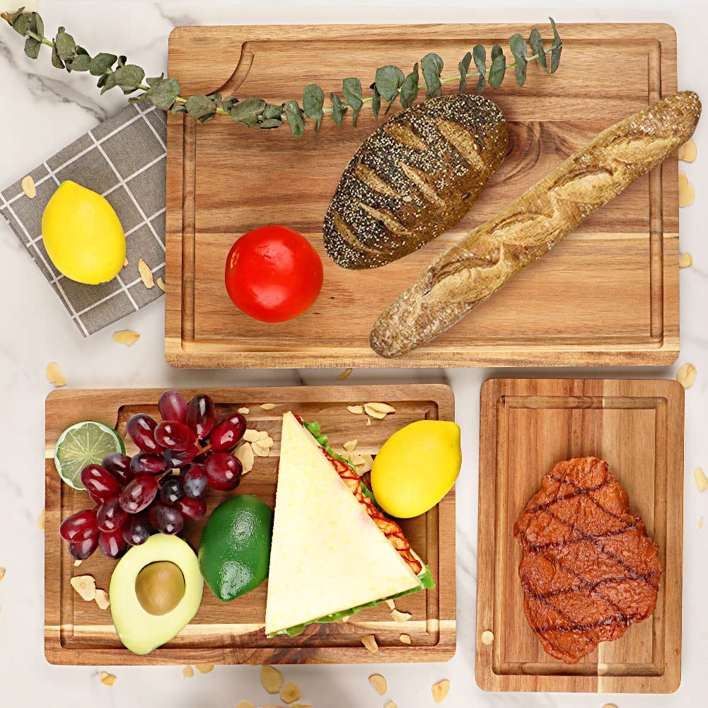 Acacia Wood Cutting Board Set with Juice Groove (3 Pieces), Organic Wooden Cutting Boards for kitchen, Butcher Block Cutting Board for Meat, Vegetable, Wooden Chopping Board 15x10, 12x8, 9x6 inch AIDEA