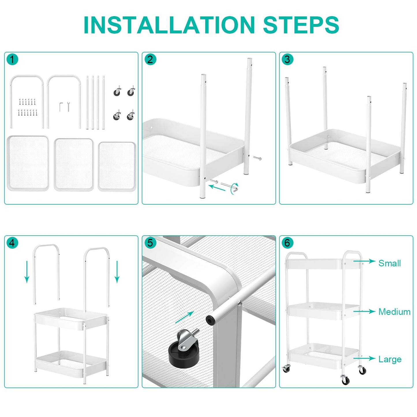 PNVXNUS 3 Tier Rolling Metal Storage Carts with Wheels,Multi Functional Organizer Cart for Office, Bathroom, Kitchen, Book, Diaper. Easy Assembly. (White)