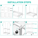 PNVXNUS 3 Tier Rolling Metal Storage Carts with Wheels,Multi Functional Organizer Cart for Office, Bathroom, Kitchen, Book, Diaper. Easy Assembly. (White) PNVXNUS