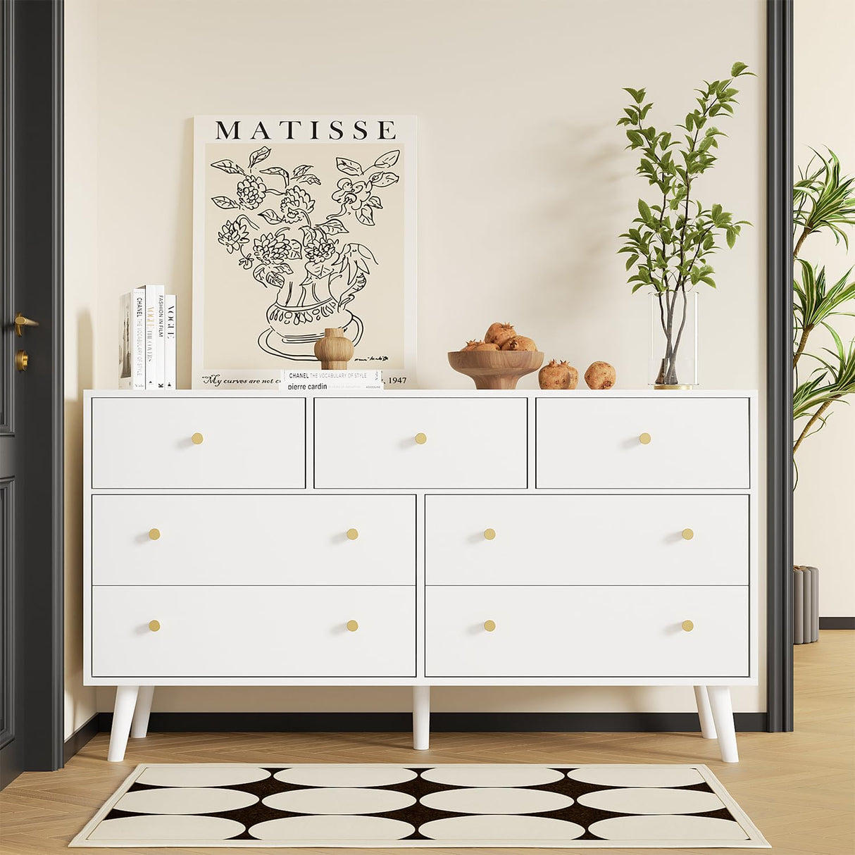 HOUROM White Dresser for Bedroom, Dresser with 7 Drawers, Wood Dressers & Chests of Drawers, Modern Double Dresser with Wide Drawer and Metal Handles HOUROM