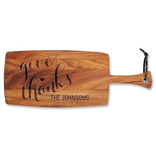 Give Thanks Personalized Acacia Wood Paddle Board - Custom Engraved 8 x 20.5-Inch Wood Chopping and Serving Boards With Leather Hanger, Wedding and - WoodArtSupply