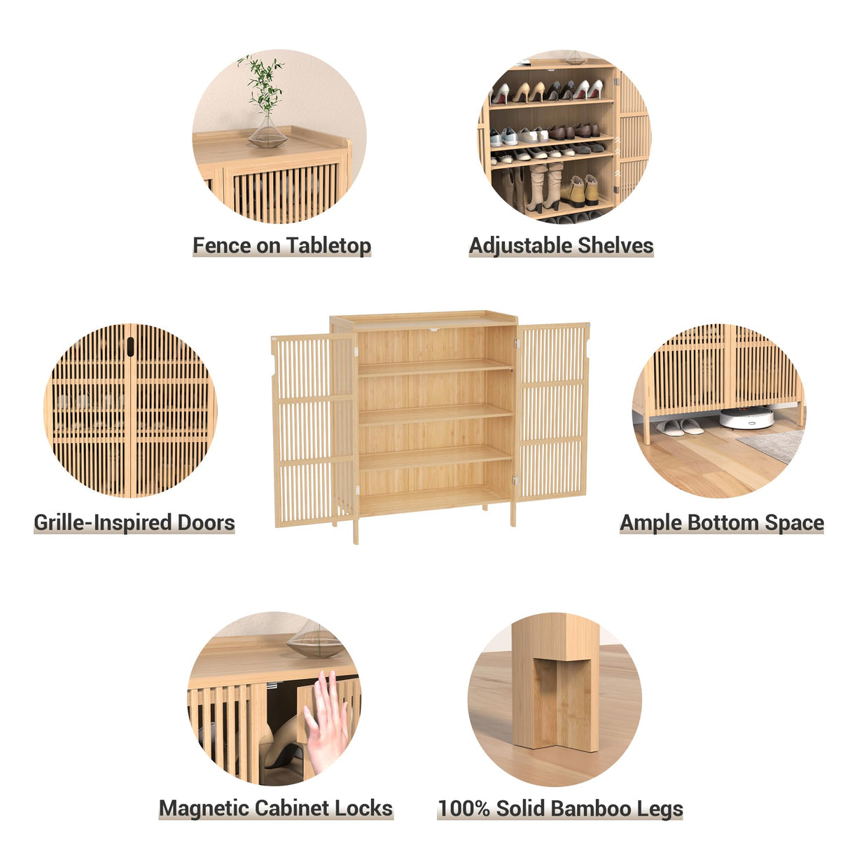 Bamboonova Shoe Cabinet, 20 Pair Farmhouse Shoe Organizer Cabinet, Freestanding Bamboo Wood Shoe Storage Cabinet with Grille Doors, 5-Tier Narrow Shoe Rack Cabinet Closet for Entryway Hallway, Natural Bamboonova