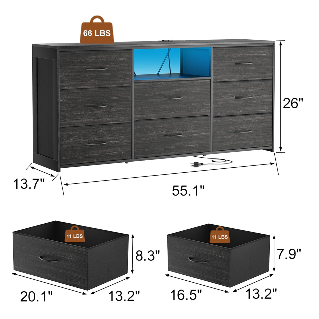 OURPIC 55'' Dresser for Bedroom with 8 Fabric Drawers, Wide Chest of Drawers with LED Lights & Charging Station, Long Wood Dresser TV Stand for Living Room, Hallway,Closet OURPIC