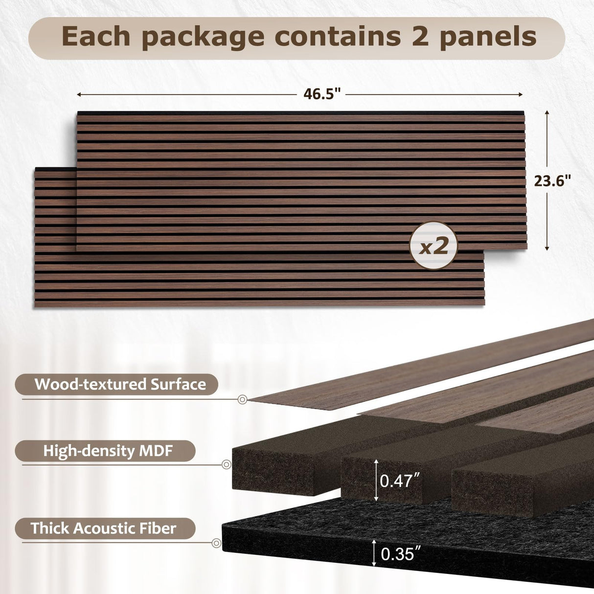 DOLLAR BOSS Wood Slat Acoustic Panels for Wall, 46.5" x 23.6" 2Pcs Soundproof Absorbing Wall Panel with Wood Finish 3D Fluted, Ebony DOLLAR BOSS