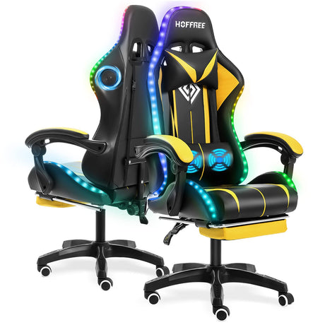Gaming Chair with Bluetooth Speakers and LED RGB Lights Ergonomic Massage Computer Gaming Chair with Footrest High Back Music Video Game Chair with Lumbar Support Yellow and Black VANSPACE