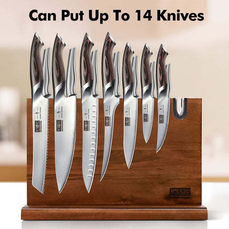 HOSHANHO Magnetic Knife Block 14 x 10 Inches, Double Sided Magnetic Knife Holder Rack for Kitchen Counter, Acacia Wood Magnetic Knife Storage Stand with Knife Sharpener HOSHANHO