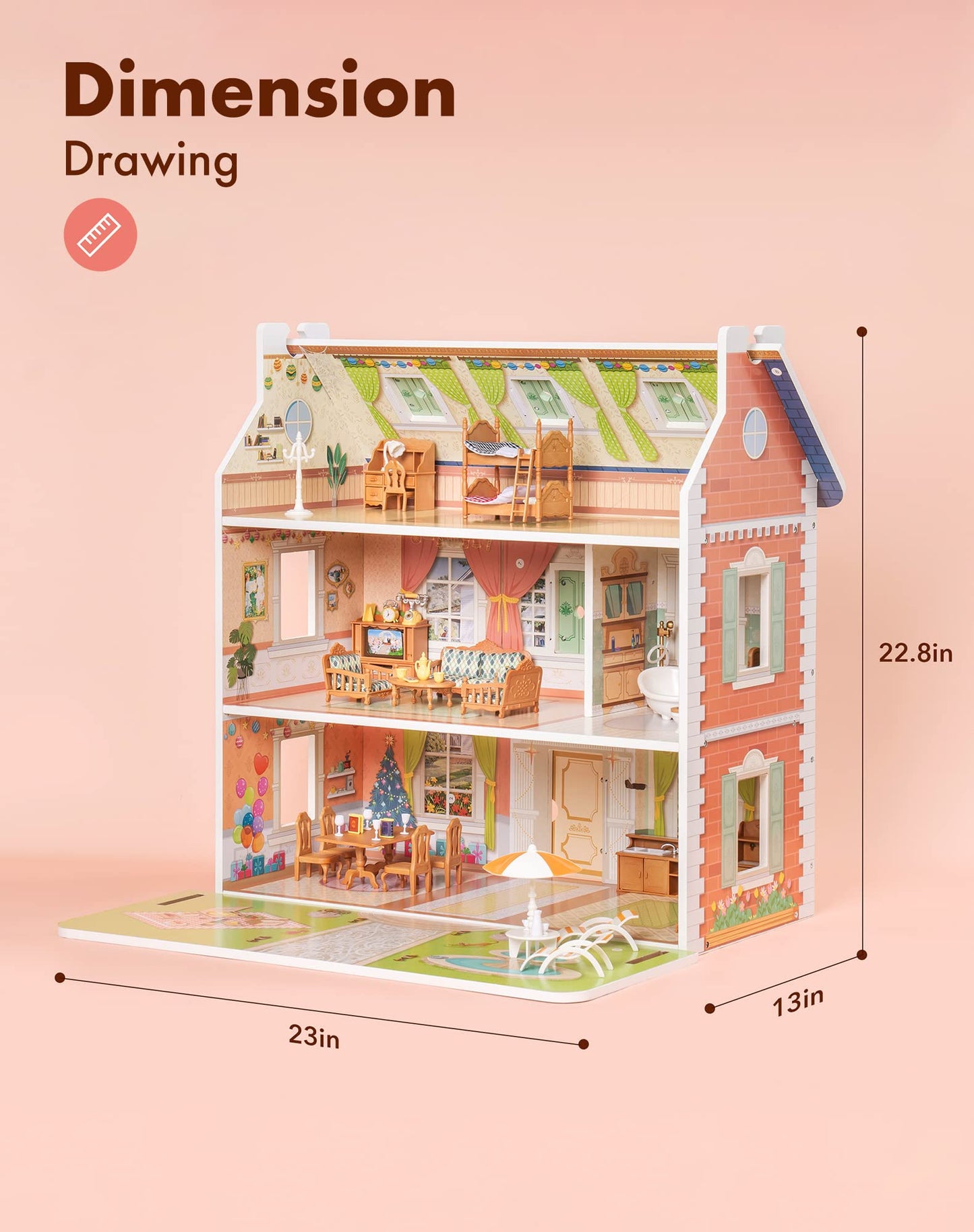 ROBOTIME Doll House 3 in 1 Wooden Dollhouse Doll House for Kids Toddler 3 4 5 6 Years Old, Dollhouse with DIY Furniture/ 40+PCS Accessories, Present Gift for Girl Ages 3+(Antique Style)