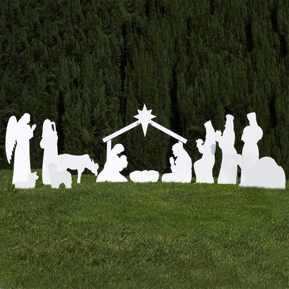 Outdoor Nativity Store Complete Nativity Scene - 12 Weatherproof Nativity Set Figures for Outdoor Christmas Decoration - Easy to Assemble & Store - Standard, White Outdoor Nativity Store