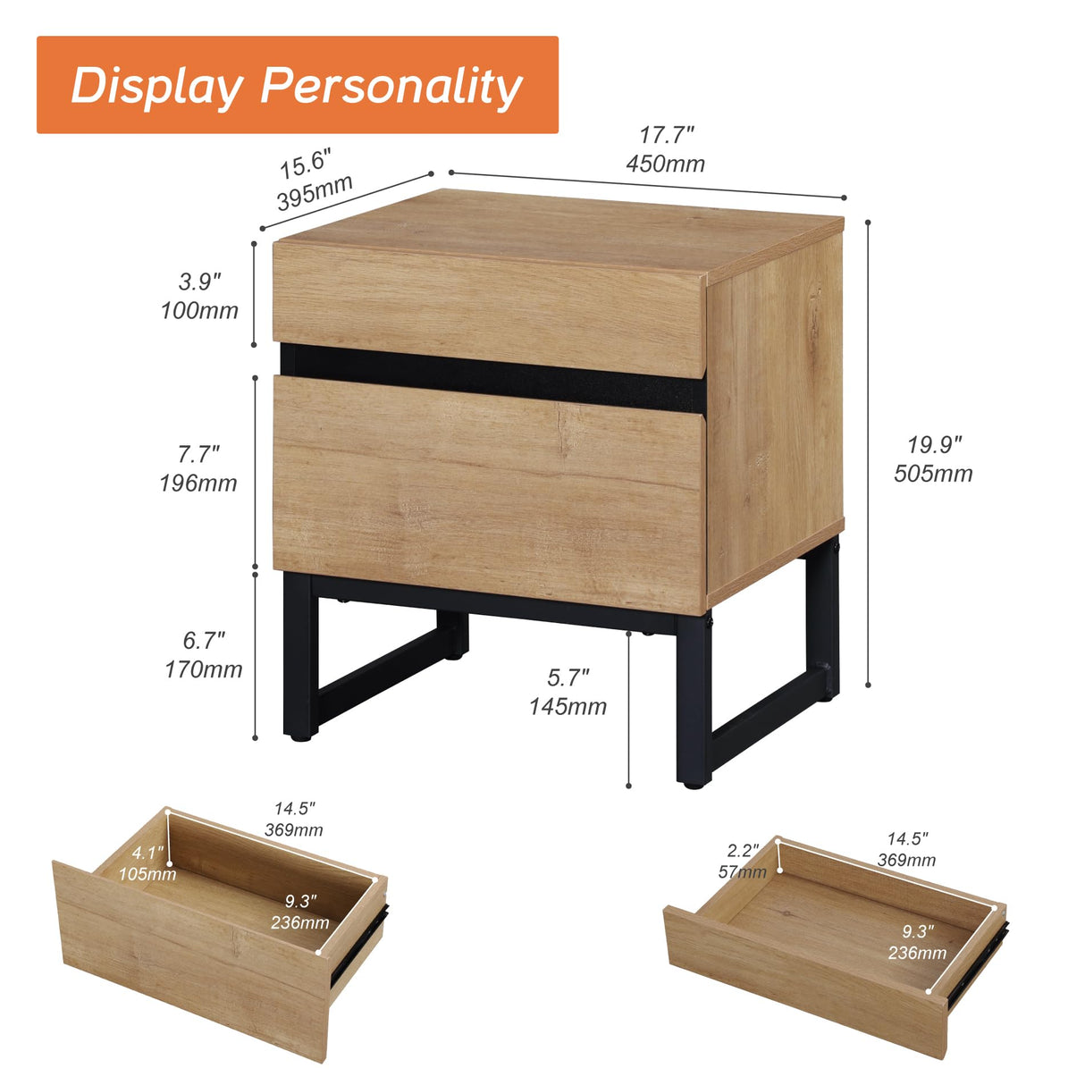 WAMPAT Nightstand with 2 Drawers for Bedroom, Modern Bedside Table with Black Square Iron Leg, Wood Rustic Side End Table for Living Room, Oak WAMPAT