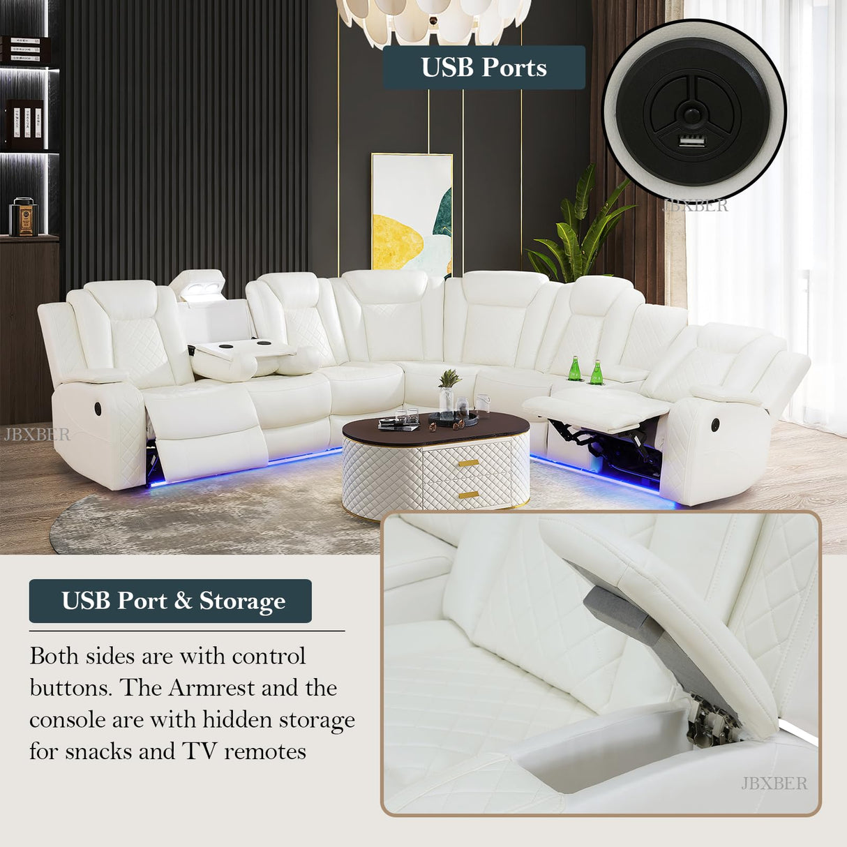 JBXBER Power Recliner Sectional Sofa Set, White Leather Sectional Couch for Living Room, L Shape Reclining Sofa with Led Lights, Cup Holder, Pull-Down Table for Home/Office(6 Seat) JBXBER