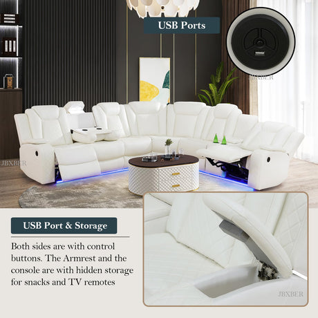 JBXBER Power Recliner Sectional Sofa Set, White Leather Sectional Couch for Living Room, L Shape Reclining Sofa with Led Lights, Cup Holder, Pull-Down Table for Home/Office(6 Seat) JBXBER