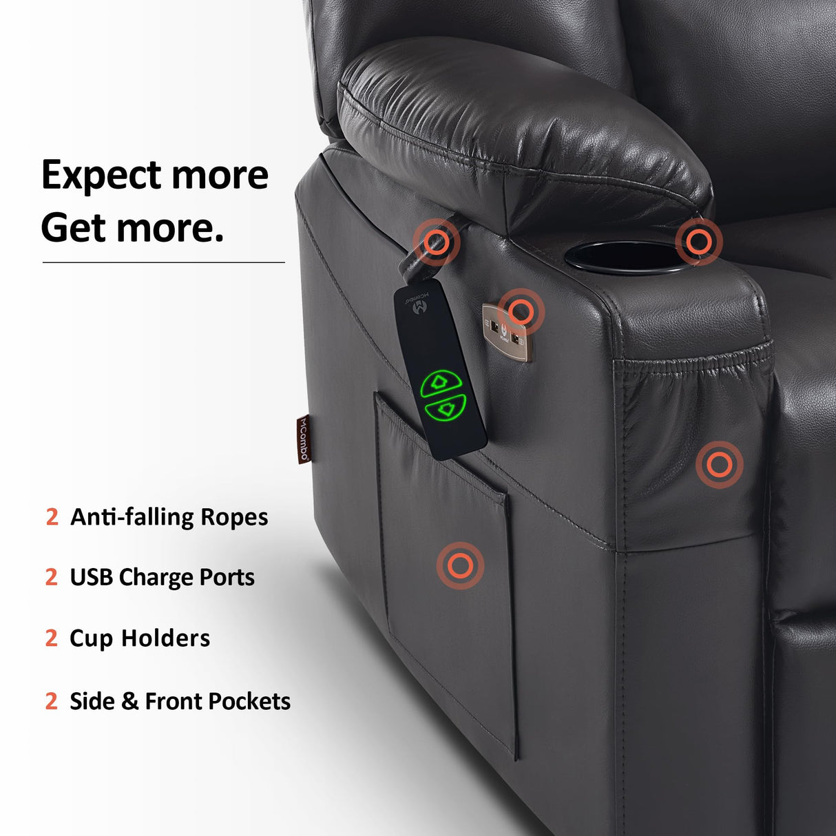 MCombo Oversized Power Lift Recliner Chair with Massage and Heat for Big and Tall Elderly People, Cup Holders, USB Ports, Side Pockets, Faux Leather R7541 (Black, Large-Oversize) MCombo