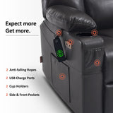 MCombo Oversized Power Lift Recliner Chair with Massage and Heat for Big and Tall Elderly People, Cup Holders, USB Ports, Side Pockets, Faux Leather R7541 (Black, Large-Oversize) MCombo
