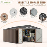 Greesum 10×14 FT Outdoor Storage Shed, Metal Storaged Sheds Without Floor, Tool Sheds with Lockable Doors and Sloping Roof for Garden, Patio, Backyard, Brown Greesum