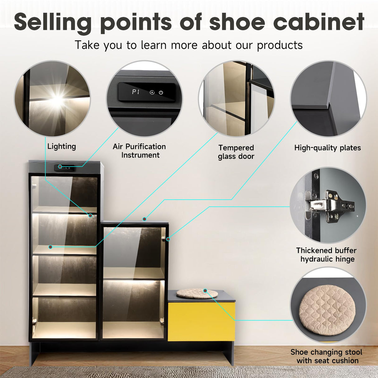 ylizeyu Shoe Rack with LED Air Purifier, Intelligent Closet with 6 Spaces, Glass Door with Reinforced Hinges, Grey ylizeyu