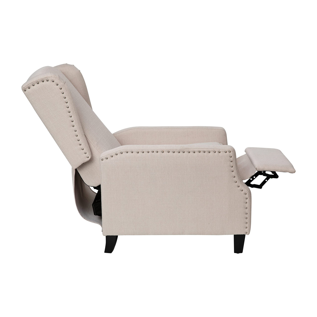BizChair Traditional Style Slim Push Back Recliner Chair-Wingback Recliner with Cream Fabric Upholstery-Accent Nail Trim BizChair