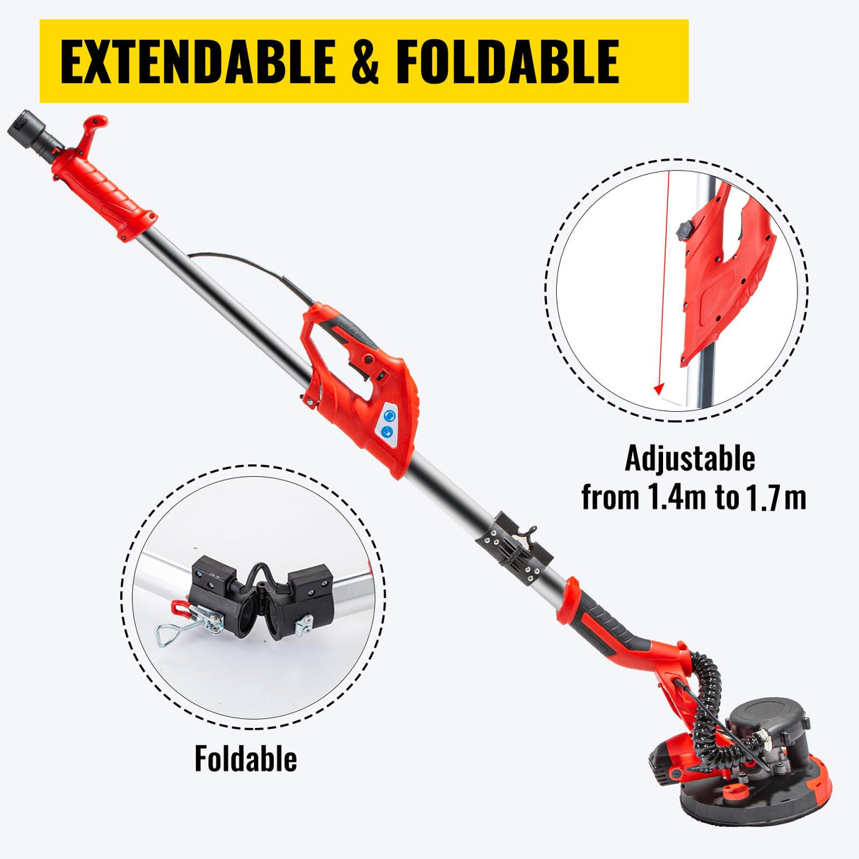 VEVOR Drywall Sander 850W, Electric Sander Variable Speed 800-1750RPM, Drywall Sander Foldable Sheetrock Sander, with Telescope Handle, Vacuum Bag Drywall Sanders 6 Sand Pads VEVOR