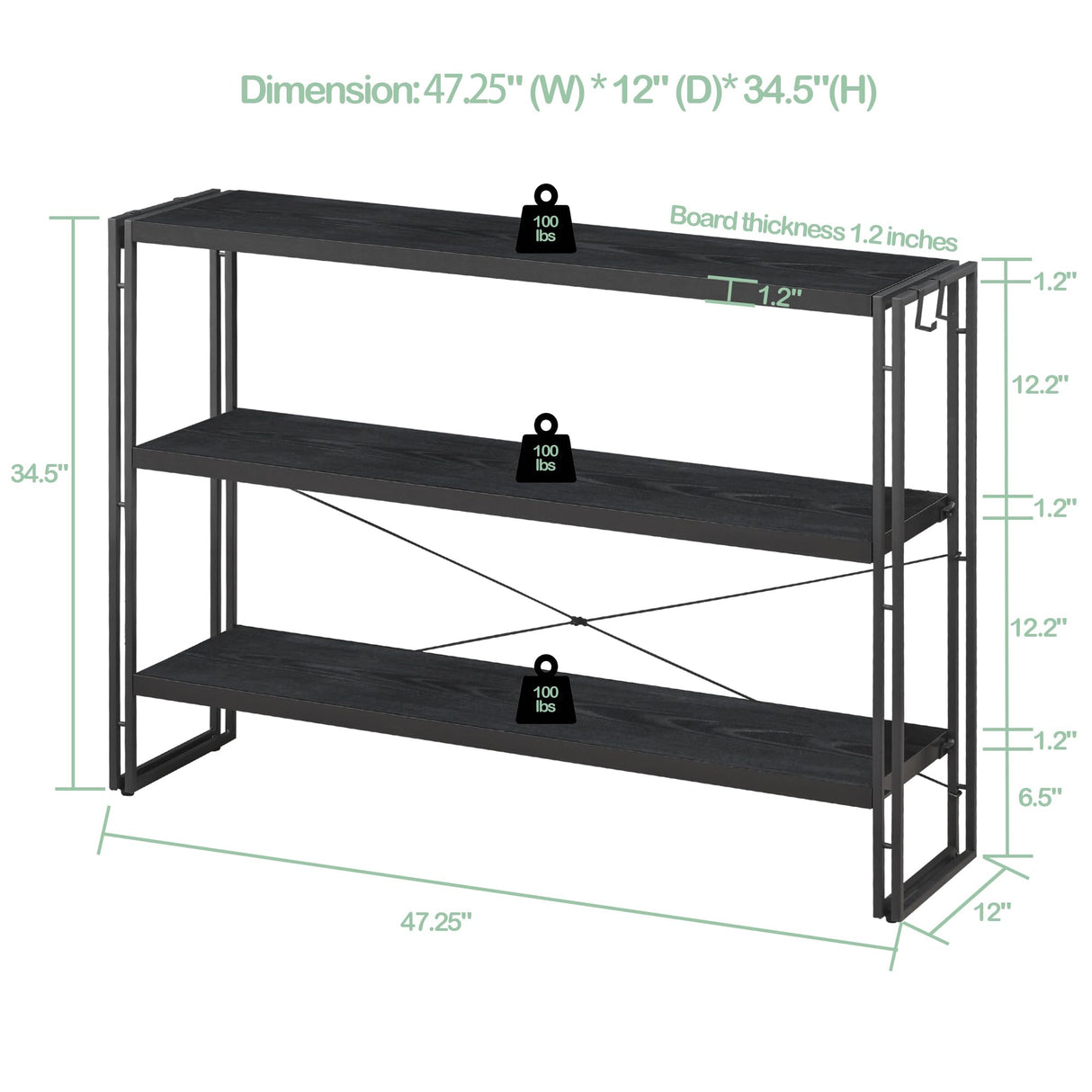 HCHQHS Bookshelf, 3-Tier Industrial Bookcase, Black Open Book Shelf, Freestanding Horizontal Bookshelves with Metal Frame HCHQHS