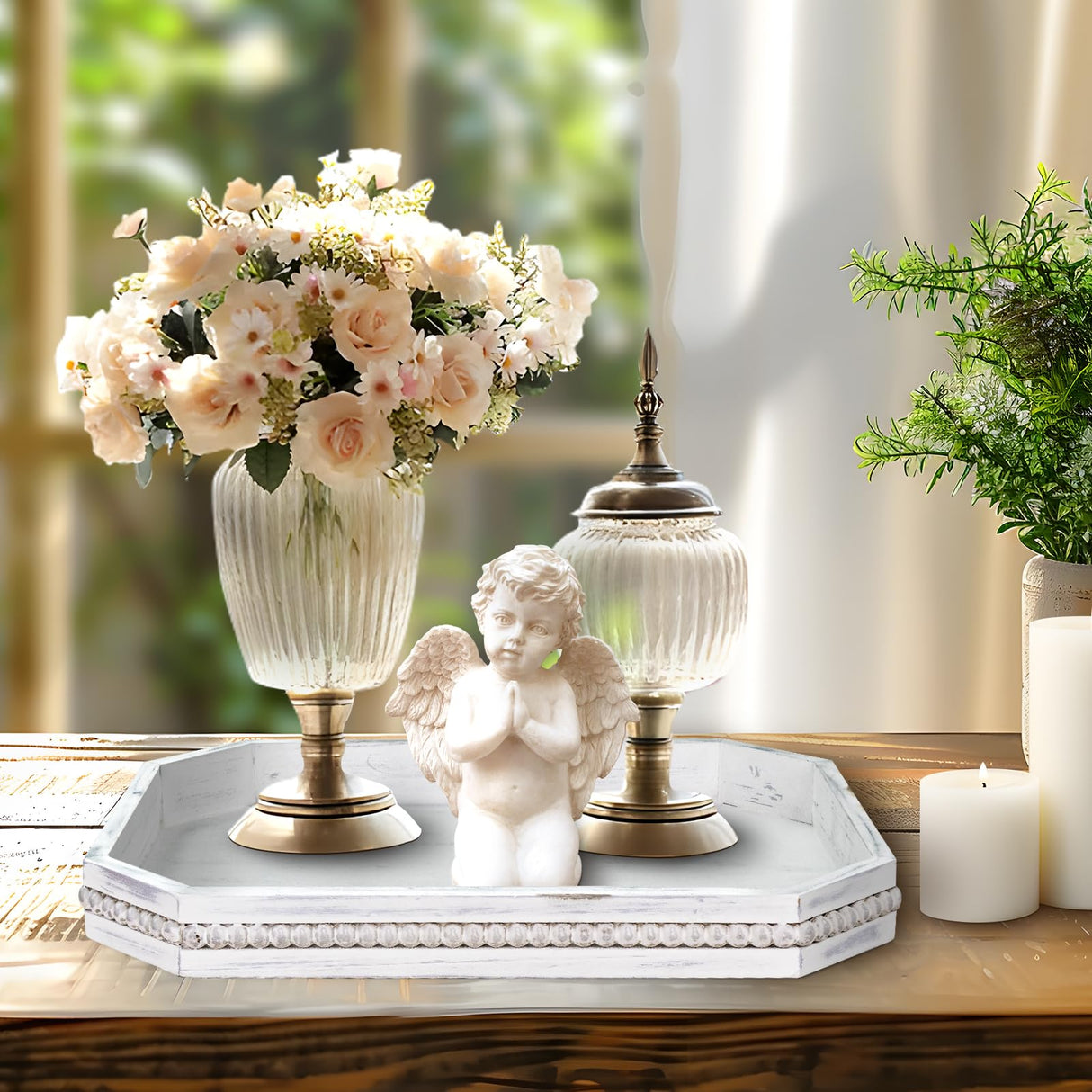 Wooden Decorative Tray, Rustic Serving Tray with Wood Bead, Farmhouse Big Tray for Ottoman, Countertop, Coffee Tabl, 16.5" x 13"x 1.6" (Retro White) CedarLux