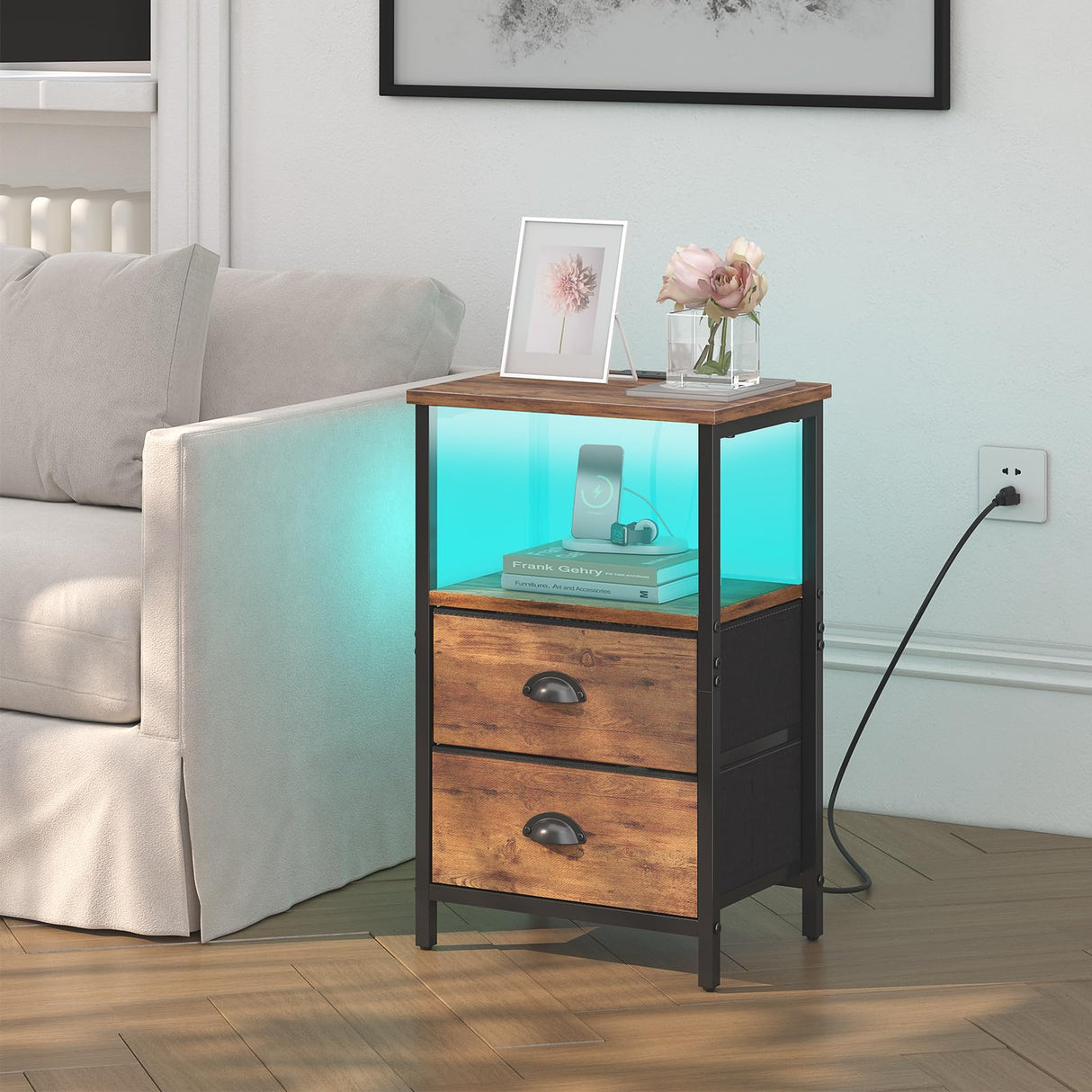 Sthmec Rustic Brown Industrial Nightstand Set of 2, Bedside Table with 2 Fabric Drawers, 3-Tier Storage, LED Light, Charging Station, 11.38''D * 15.38''W* 24.75''H sthmec