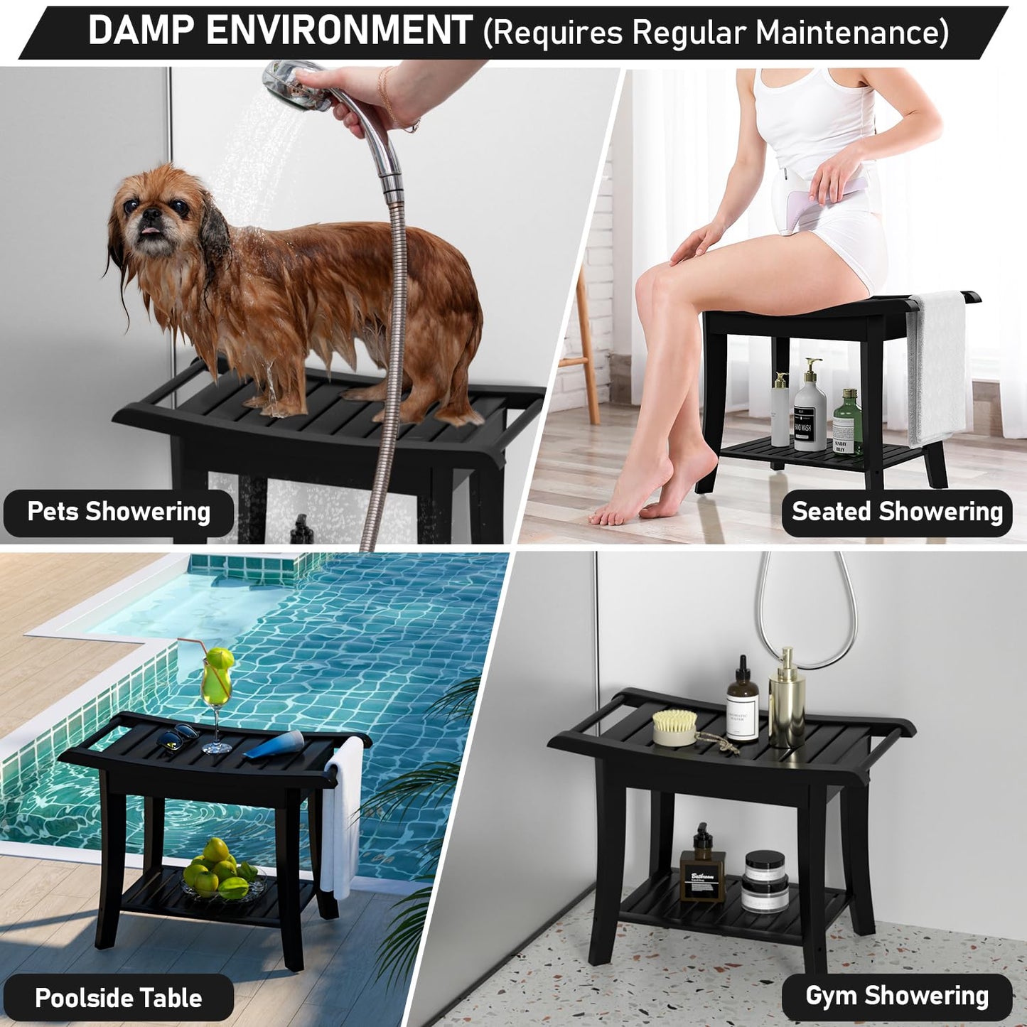 Bamboo Shower Stool Bench Waterproof with Storage Shelf for Shaving Legs or Spa Bath Seat in Bathroom & Inside Shower for Adults Seniors Elderly (24 x 13.4 x 18.5 inches+Black)