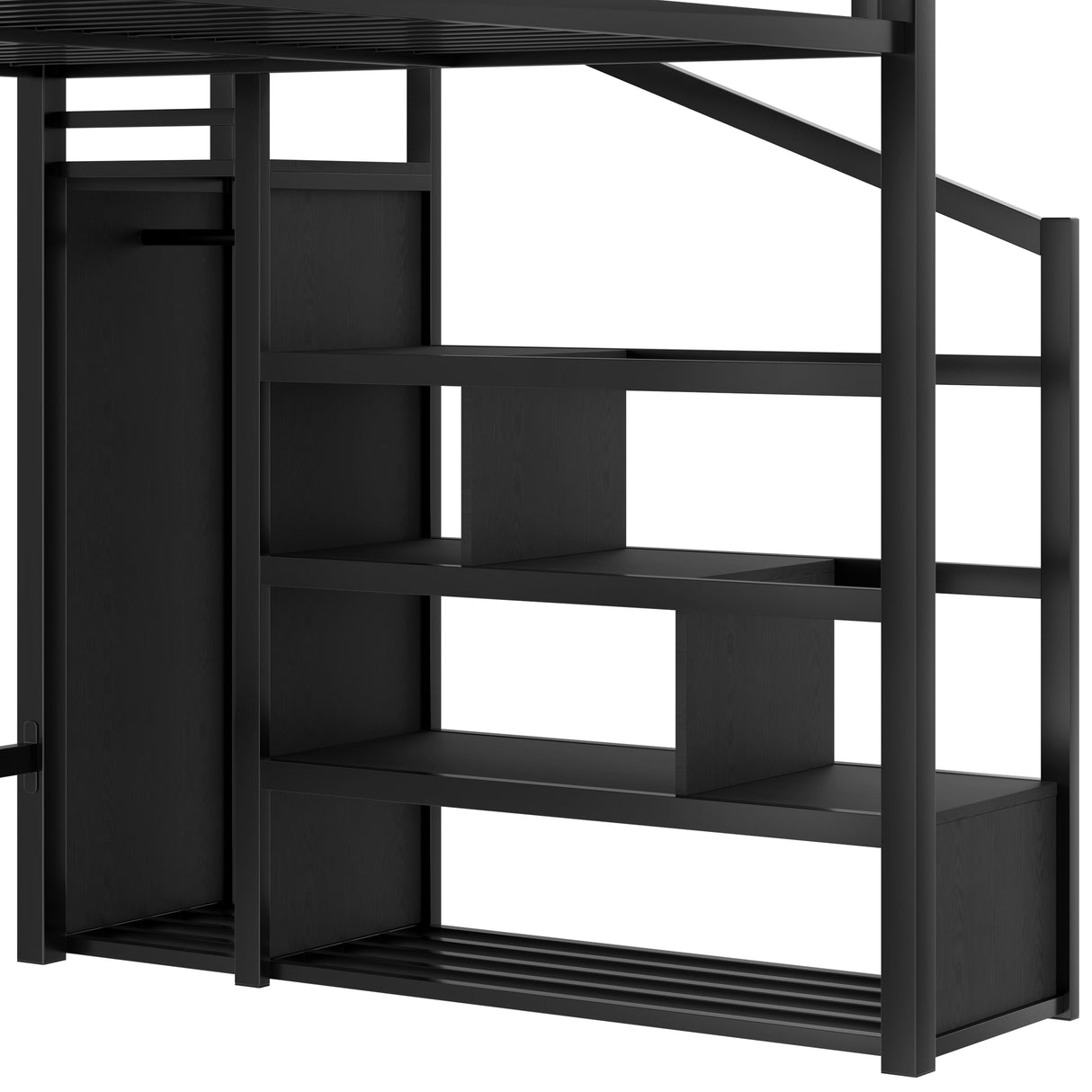 Enoioyonay Queen Size Metal Loft Bed with Stairs, Storage Shelves, Wardrobe, Safety Guardrail, USB Ports and LED Lights, Space Saving, for Boys Girls Adults, Black Woodgrain Enoioyonay