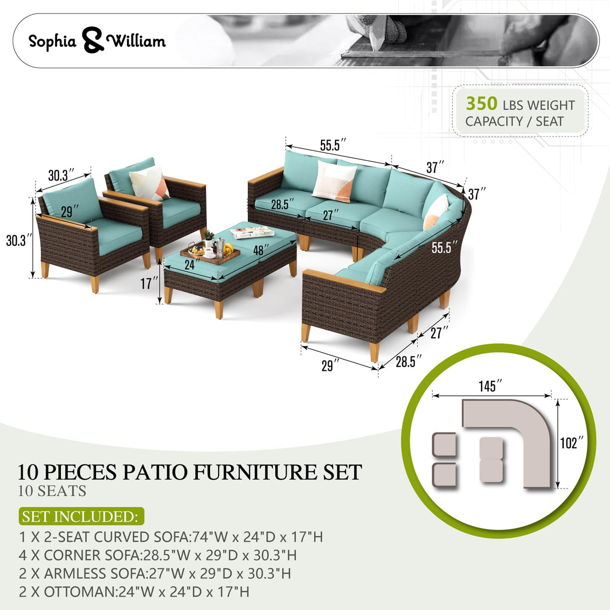 Sophia & William Outdoor Wicker Sectional Sofa Set, 10 Piece Half Moon Curved Patio Furniture Modern Round Outdoor Couch Conversation Set with Ottoman for Backyard, Deck, Garden(Aqua Blue) Sophia & William