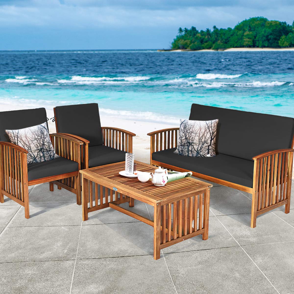 Tangkula Outdoor 4 PCS Acacia Wood Sofa Set w/Water Resistant Cushions, Padded Patio Seating Chat Set w/Coffee Table for Garden, Backyard, Poolside (1, Black) Tangkula