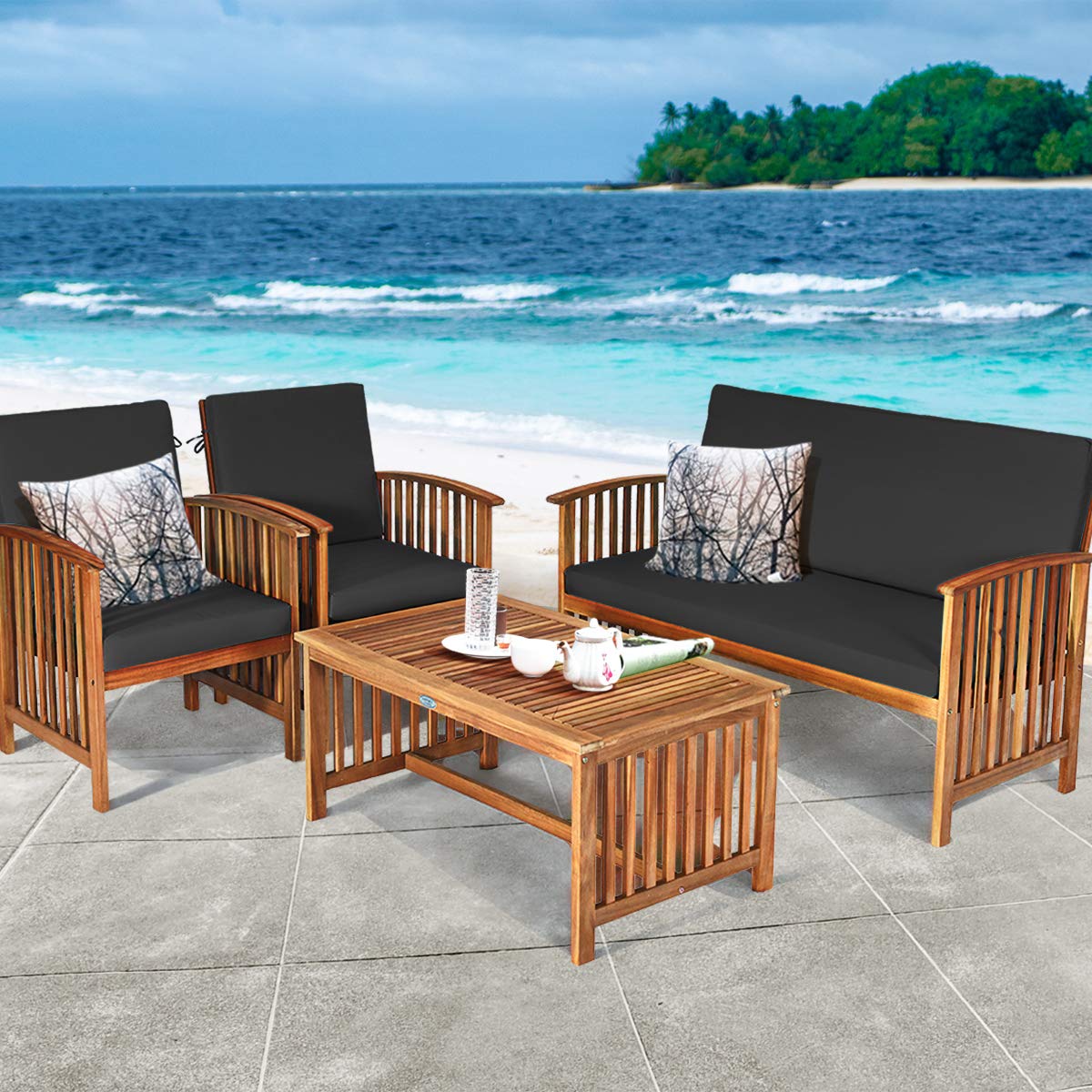 Tangkula Outdoor 4 PCS Acacia Wood Sofa Set w/Water Resistant Cushions, Padded Patio Seating Chat Set w/Coffee Table for Garden, Backyard, Poolside (1, Black) - WoodArtSupply