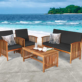 Tangkula Outdoor 4 PCS Acacia Wood Sofa Set w/Water Resistant Cushions, Padded Patio Seating Chat Set w/Coffee Table for Garden, Backyard, Poolside (1, Black) Tangkula