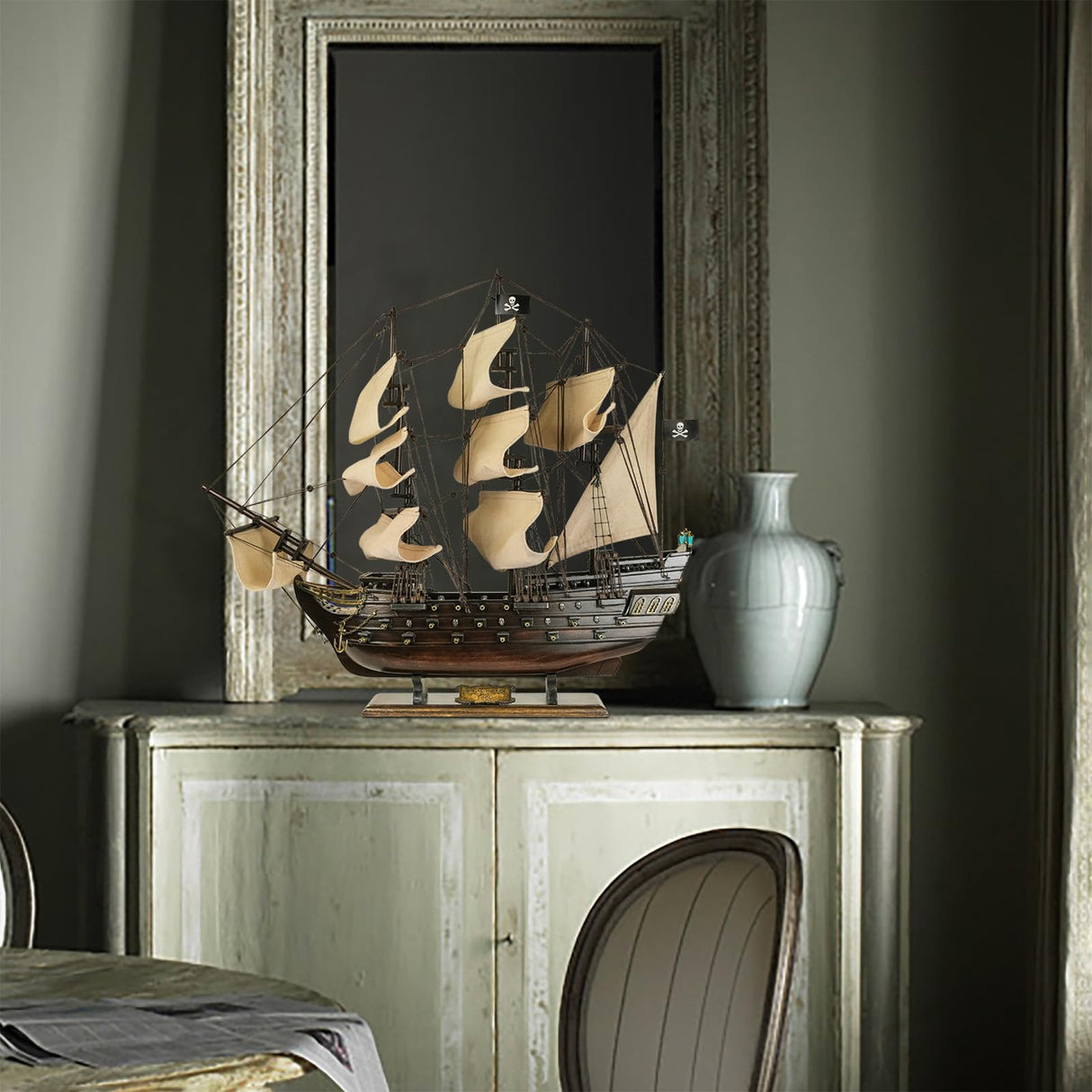 SAILINGSTORY Wooden Pirate Ship Model Black Pearl Sailing Ship Sailboat Decor 20.5" Beige Sails HOME DECOR SAILINGSTORY