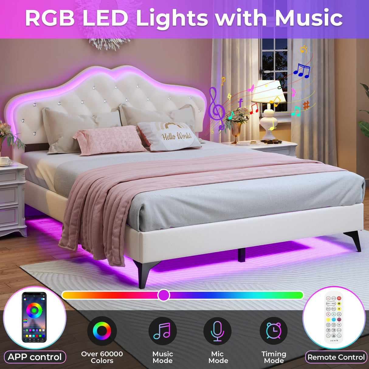 BTHFST Beige Princess Upholstered Bed Frame with LED Lights and Adjustable Headboard BTHFST