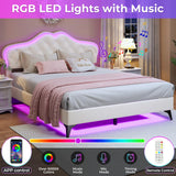 BTHFST Beige Princess Upholstered Bed Frame with LED Lights and Adjustable Headboard BTHFST