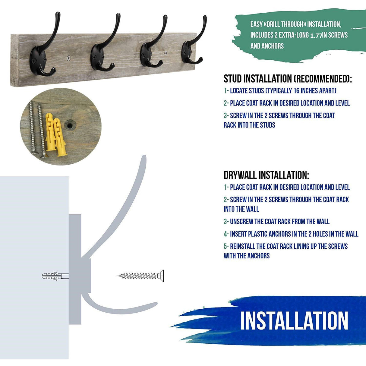 Sageme Wall Mounted Coat Rack, Wooden Entryway Vintage Rustic Coat Rack Hat Hanger Rack Zinc die-cast 4-Hook Rail for The Entryway, Bathroom, Bedroom, Kitchen, Mudroom Pinewood Alloy 4-Hook Sageme