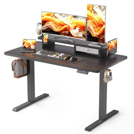 WALKINGDESK 48x24 Inches Electric Standing Desk with Drawer and Monitor Stand, Height Adjustable Stand up Desk for Home Office, Ergonomic Sit to Stand Desk with Phone Holder, 3 Hooks, Black WALKINGDESK