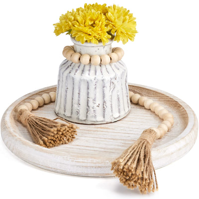 Yangbaga 11.8In Wooden Decorative Serving Tray Coffee Table Tray, Rustic Round-Ottoman Centerpiece Candle Holder Trays,Whitewashed Tray Decor for Farmhouse Kitchen Decor&Table Decor&Dining Room Table