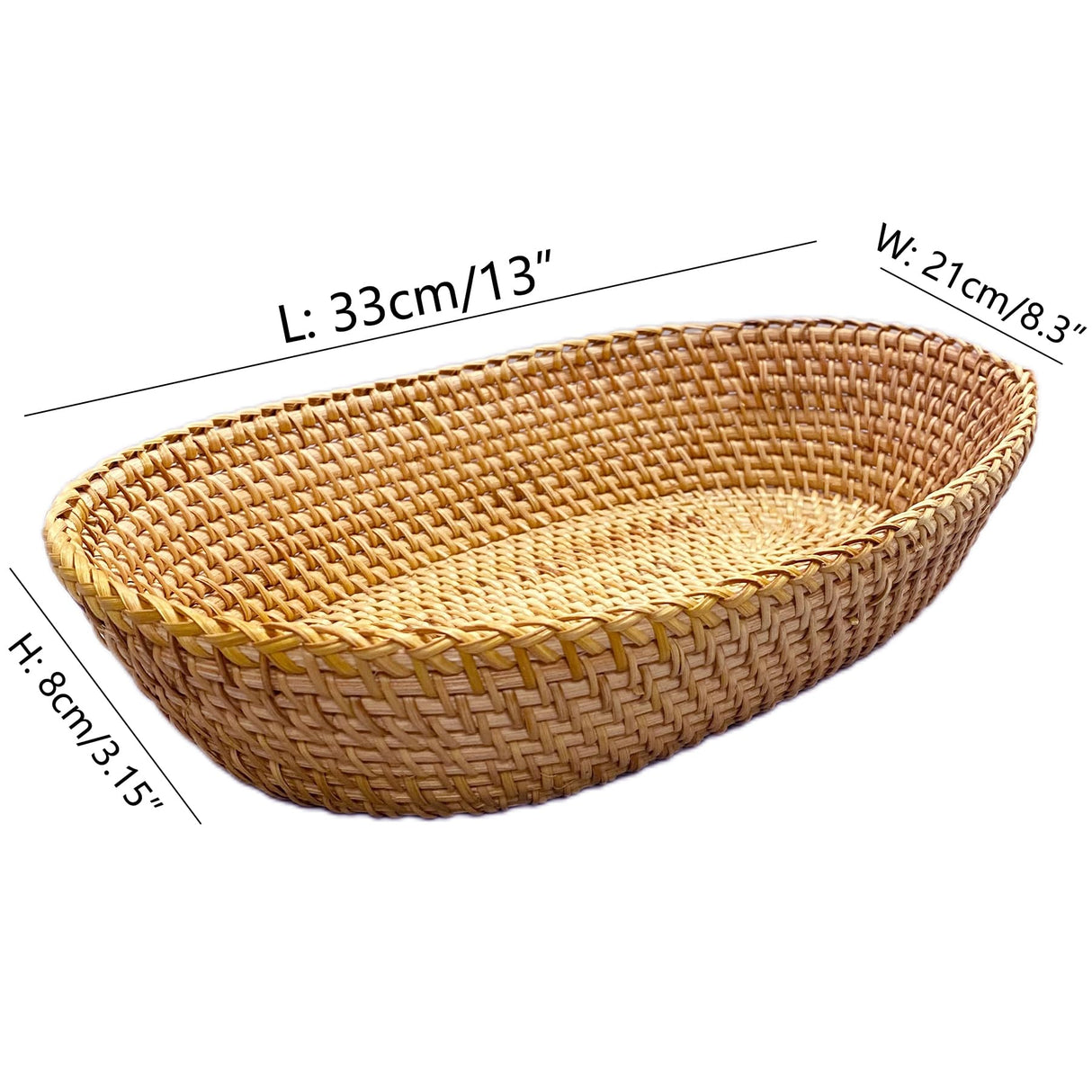 High Wall Rattan Oblong Bread Serving Basket, Natural Rattan Brown Breakfast Loaf Serving Basket Bowl,Wicker Coffee Table Bowl for Fruit,Candy,Snacks,Vegetables,13x8.3x3.15" i-lan
