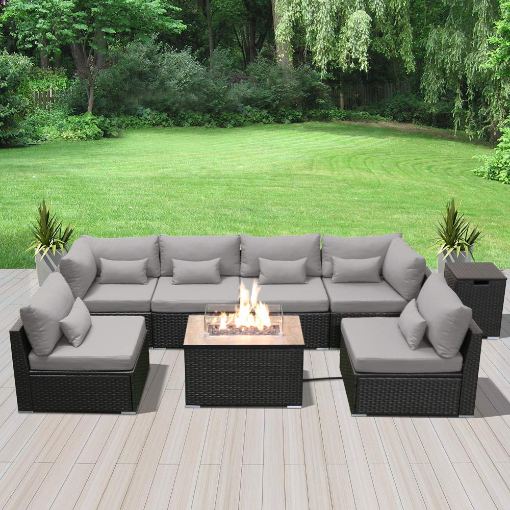 Dineli Sectional Sofa with Gas/Propane Fire Pit Table Outdoor Patio Furniture Sets (Light Gray-Rectangular Table) Dineli