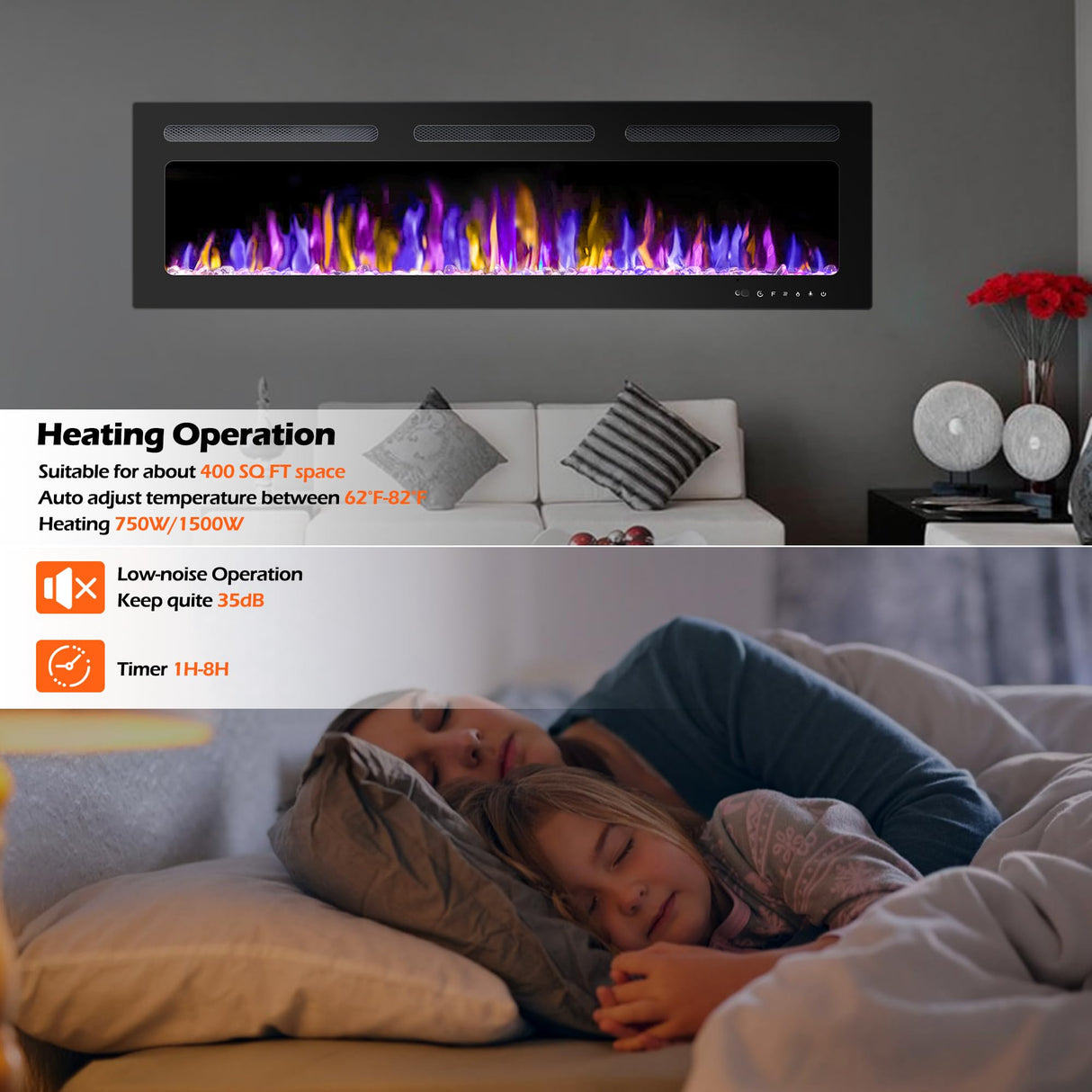 BETELNUT 68" Electric Fireplace Wall Mounted and Recessed with Remote Control, 750/1500W Ultra-Thin Wall Fireplace Heater W/Timer Adjustable Flame Color and Brightness, Log Set & Crystal Options BETELNUT