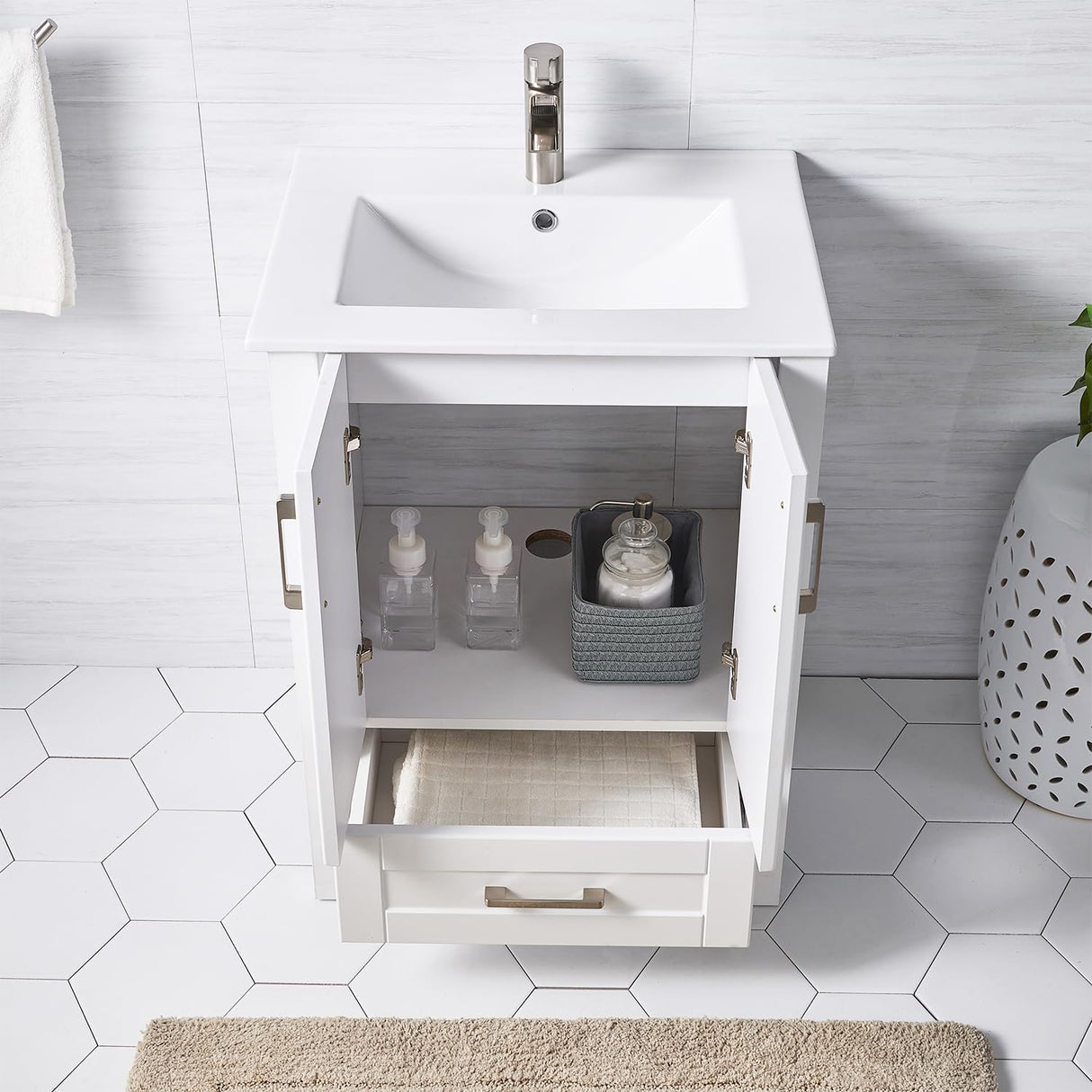 Wenore Home 24 Inch Bathroom Vanity with Sink, Small Bathroom Vanity Sink Set, White Bathroom Vanity Cabinet Combo, Modern Bath Vanity with Single Hole Ceramic Sink Wenore Home