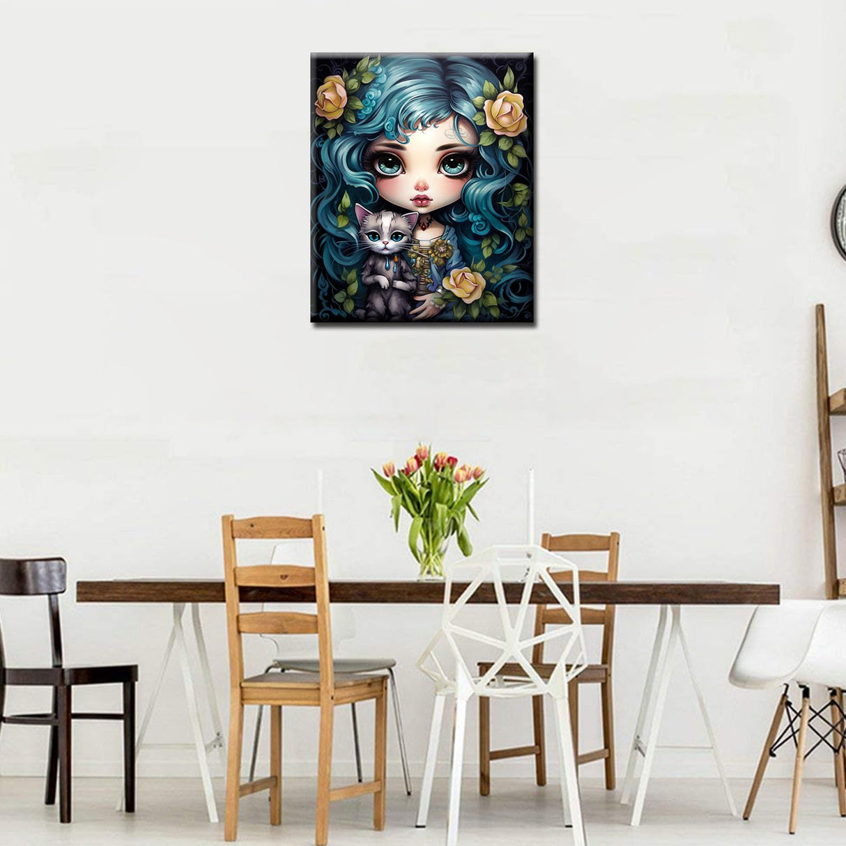 Fashion Fairy Girl Paint by Numbers Kits 16x20 inch Canvas Animal Cat DIY Oil Painting for Kids, 16''x20' inch Adults Beginner Tropical Flowers /Leaves Paintwork with Brushes Boho Gift(DIY Frame) TUMOVO