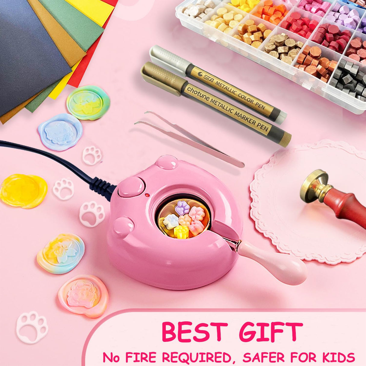 MONVICT 732 Pcs Wax Seal Stamp Kit with Pink Gift Box, Electric Wax Seal Warmer, Sealing Beads, Stamp, Spoon, Pens, Envelopes, Tweezers Gift for Kids Girls Crafter DIY MONVICT