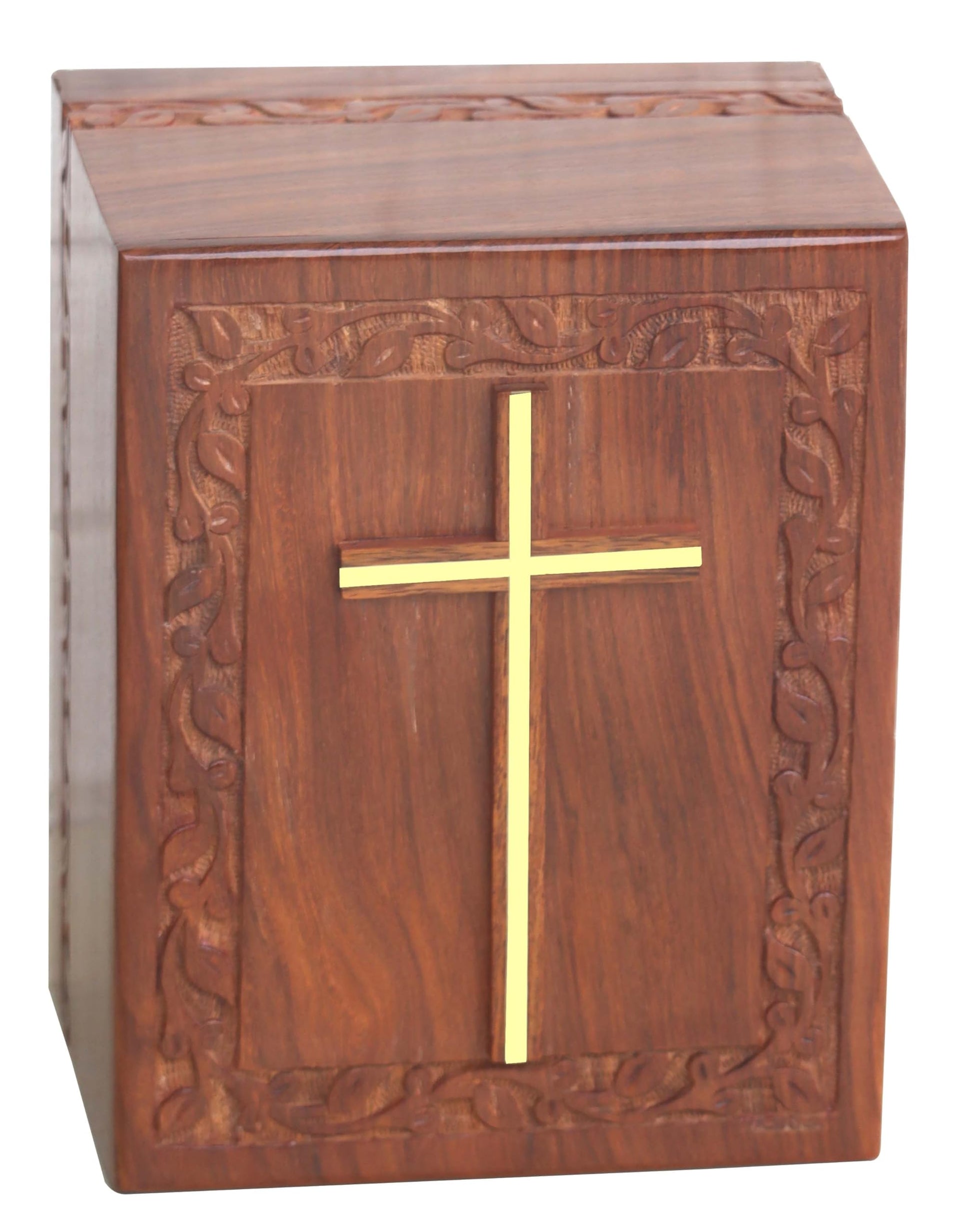 Wooden Cross Urn Box For Adult Ashes | Wood Cremation urns for Large Ashes | Rosewood Urns | Border Carving Urns | Handmade urns | Urns for Large Ashes 280 Cubic Inches With Bottom Opening Sy - WoodArtSupply