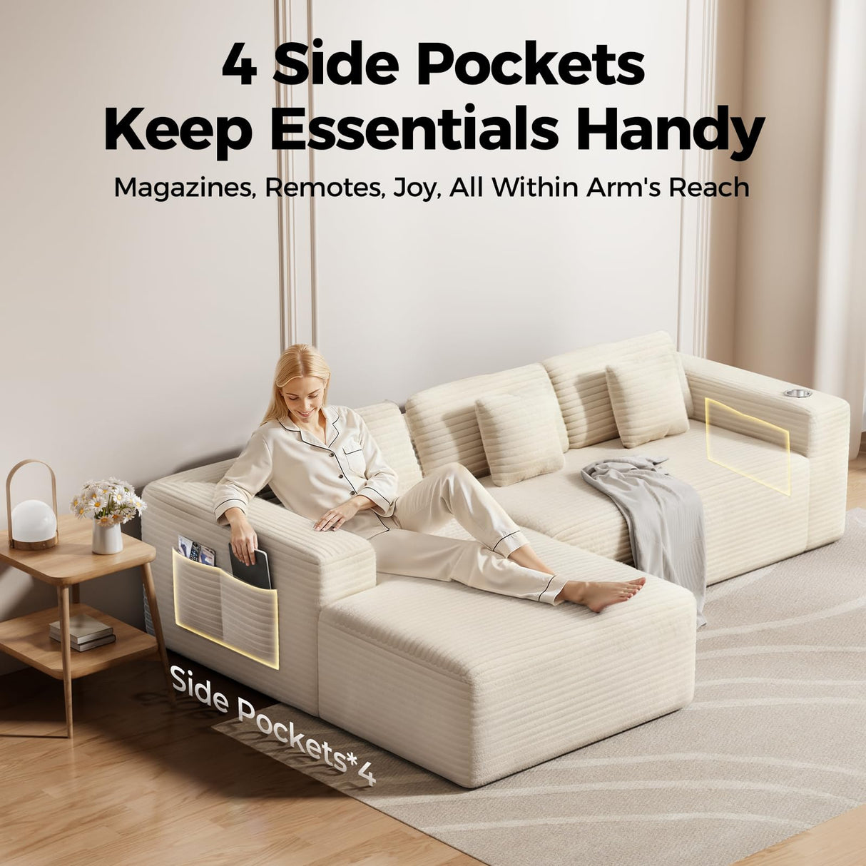 CAMMOO 108” Cloud Sectional Couch in One Box, Compressed Modern Modular Sectional Sofa with Deep Seat, Corduroy Boneless Couches with Chaise, L-Shaped Sofa for Living Room, 4 Storage Pockets(Beige) CAMMOO