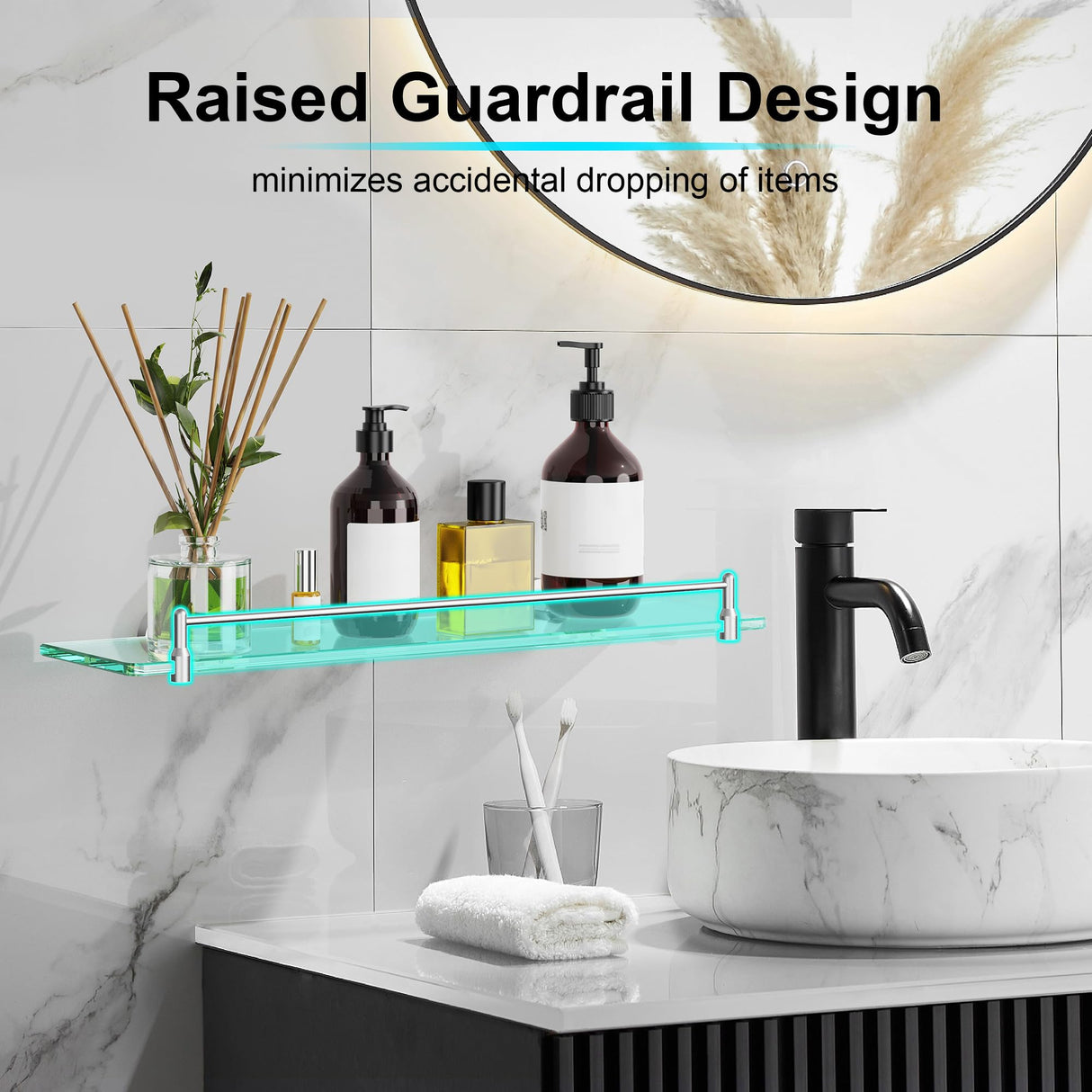 KOCOK 20 Inches Glass Shelves for Bathroom, Brushed Nickel Floating Glass Shelf Stainless Steel Tempered Glass Bathroom Shelves for Wall Mount Modern KOCOK