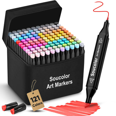 Soucolor Art Supplies for Kids Adult, Artist Art Set Kits, 120 Colors Numbered Dual Tip (Fine & Chisel) Alcohol Markers +1 Colorless Blender for Teen Boys Girls Gifts Trendy Stuff, Birthday Gift Case