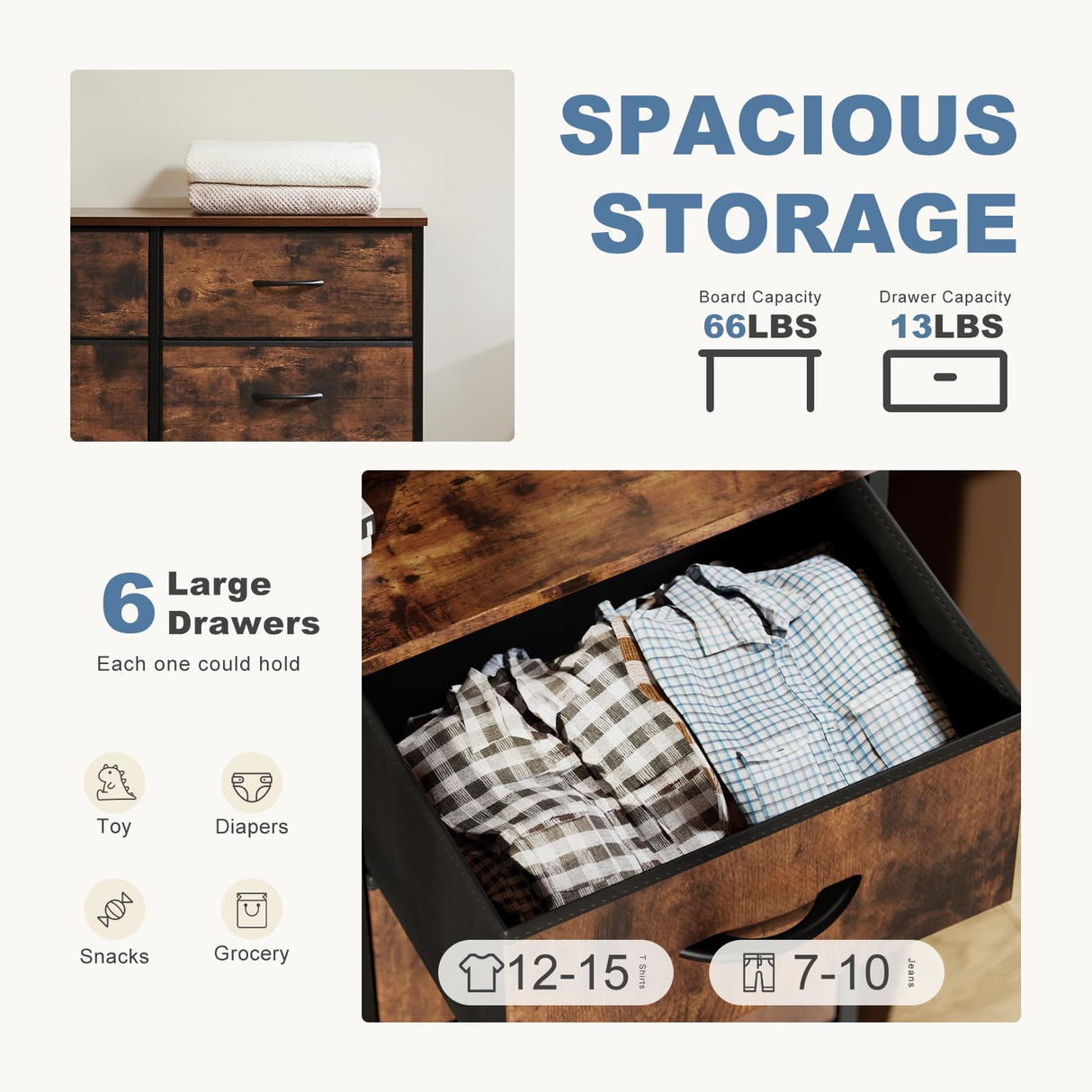 DUMOS TV Stand for Living Room Entertainment Center with 6 Fabric Drawers Dresser for Bedroom Storage Organizers Units, Brown DUMOS